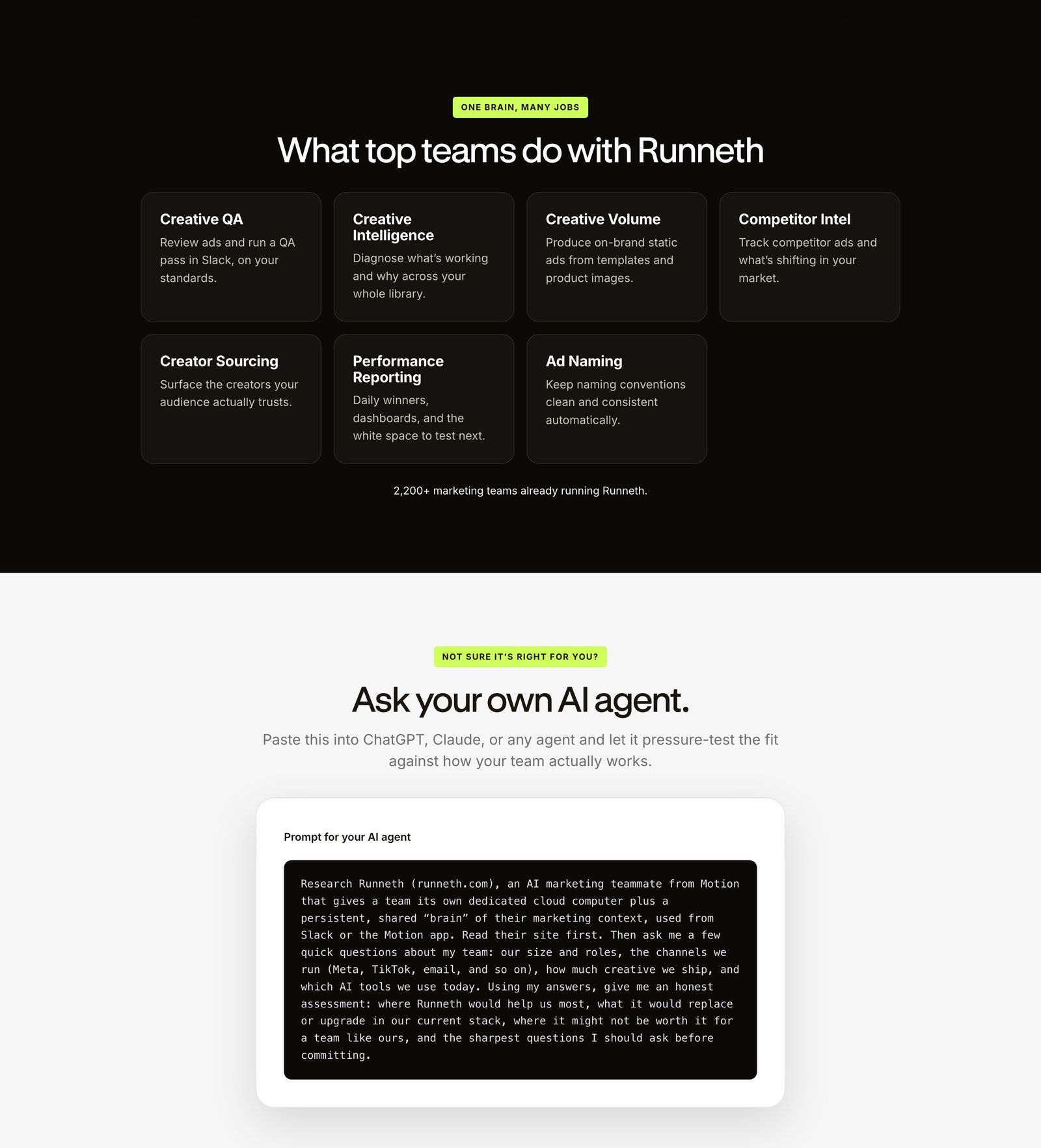 Runneth's what-is-runneth page section titled Ask your own AI agent, with a copy-paste prompt asking ChatGPT or Claude for an honest assessment of fit