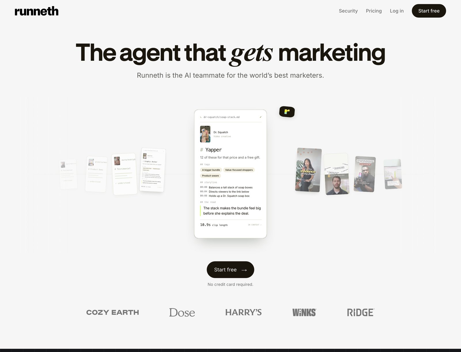 Runneth homepage: headline The agent that gets marketing, a phone mockup analyzing an ad, and customer logos for Cozy Earth, Dose, Harry's, Winks and Ridge