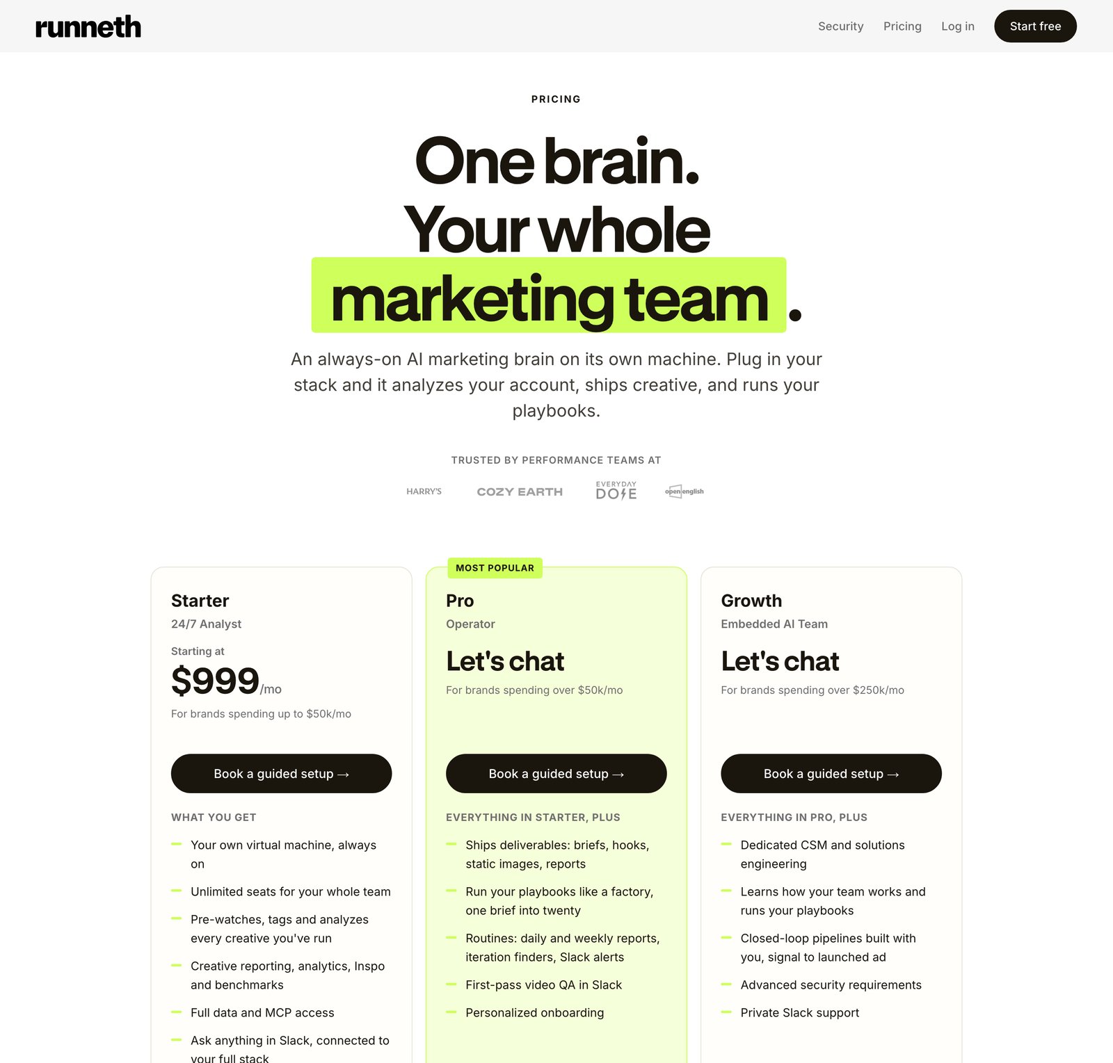 Runneth pricing page: One brain. Your whole marketing team. Starter 24/7 Analyst at $999/mo, Pro Operator and Growth Embedded AI Team both quote-based