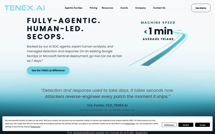 Landing page of TENEX.AI