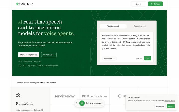Landing page of Cartesia