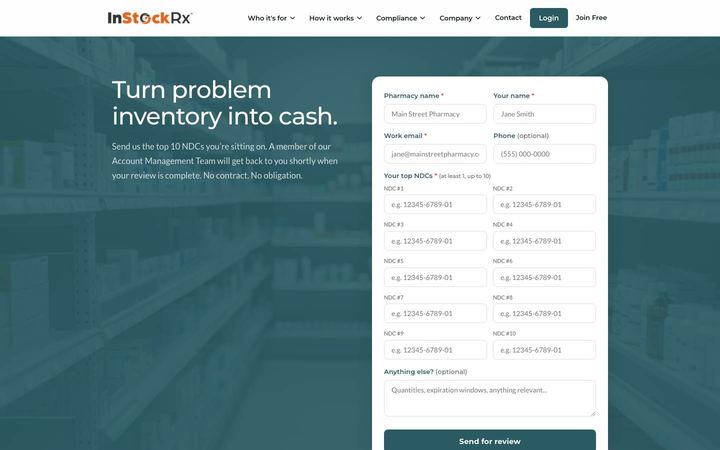 Landing page of InStockRx