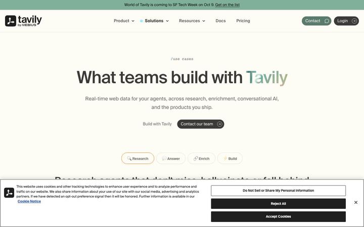 Landing page of Tavily