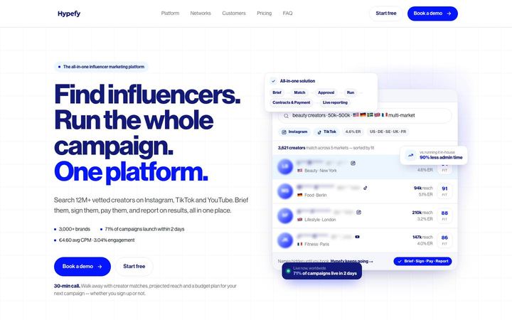 Landing page of Hypefy