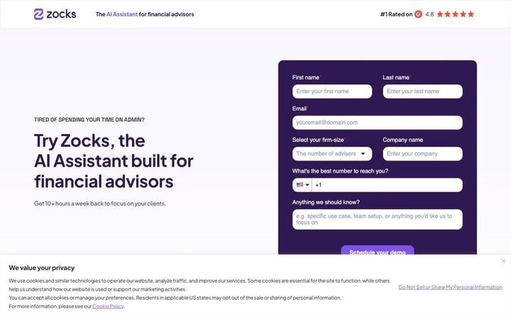 Landing page of Zocks
