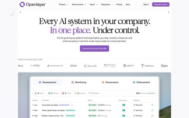 Landing page of Openlayer