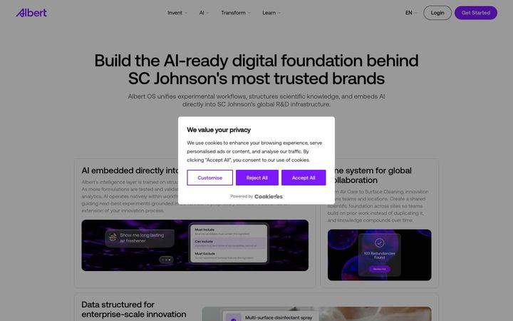 Landing page of Albert Invent