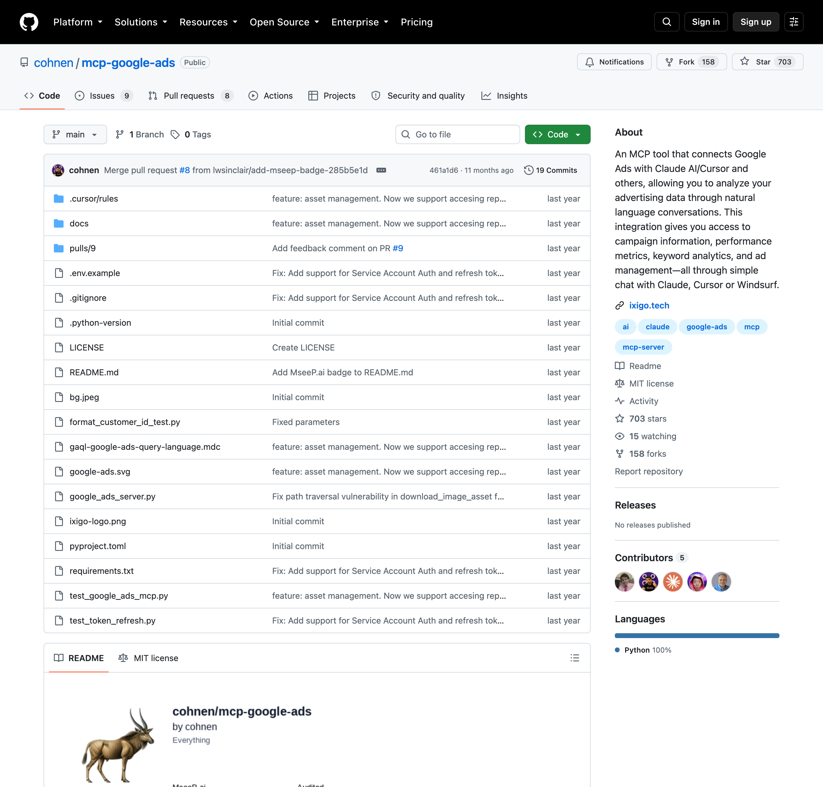 The cohnen/mcp-google-ads GitHub repository, the most-starred community Google Ads MCP server.