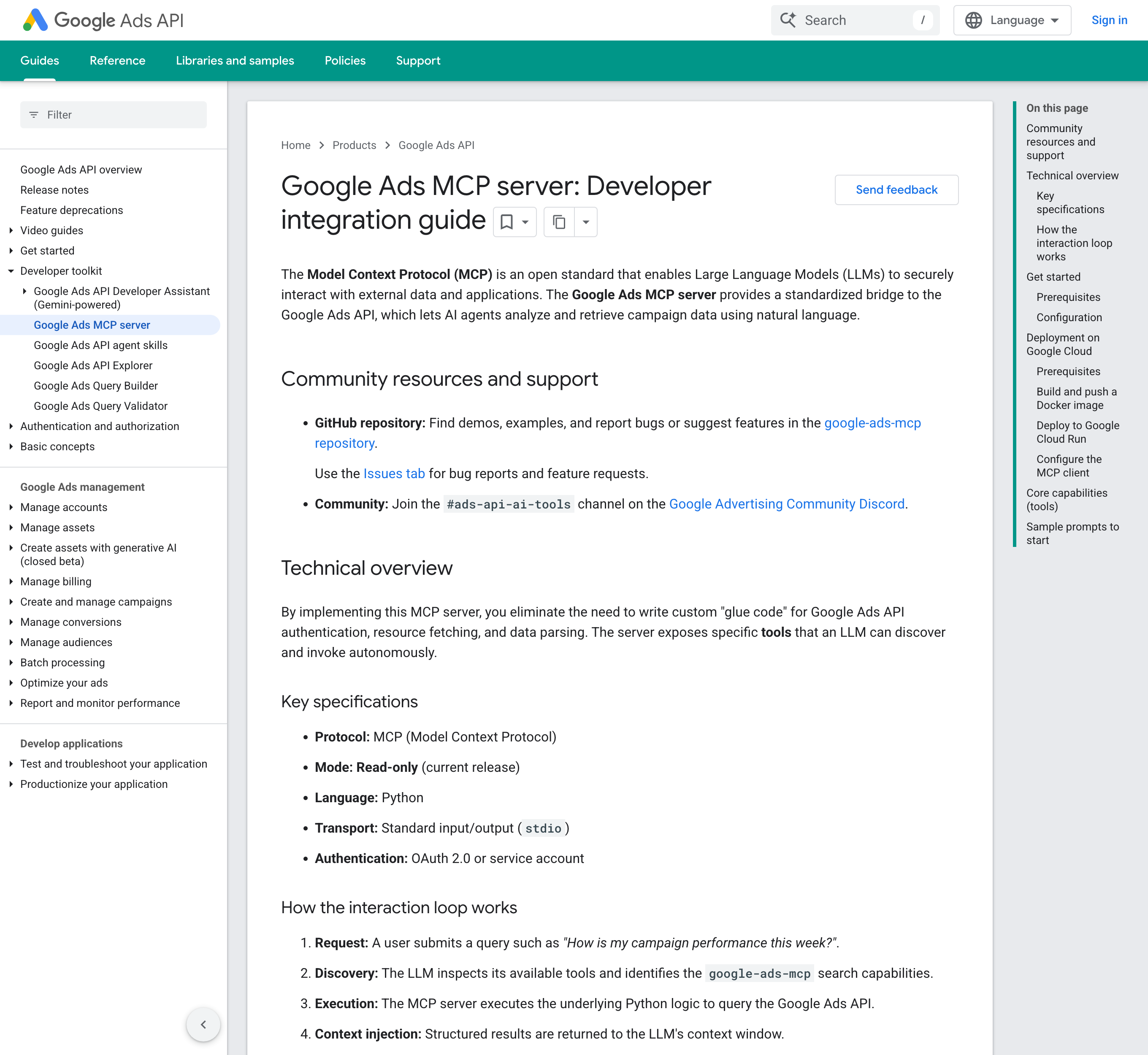 Google Ads API developer docs page for the MCP server, describing the read-only design and setup.