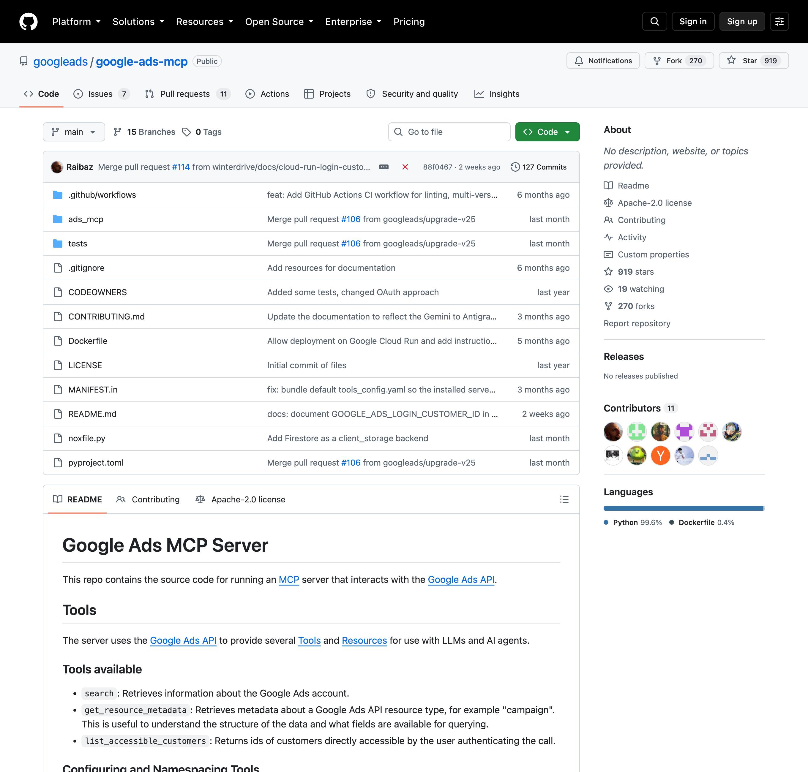 The googleads/google-ads-mcp GitHub repository: Google's official, Apache-licensed, read-only Google Ads API MCP server.