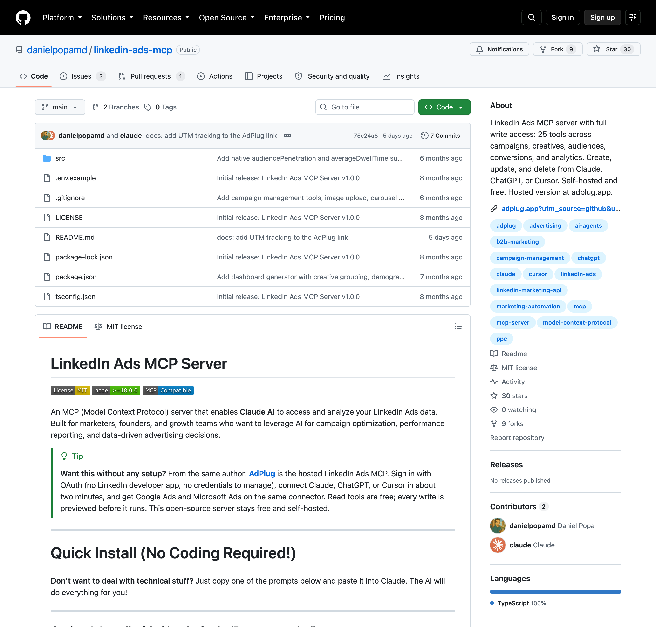 The danielpopamd/linkedin-ads-mcp GitHub repository, a self-hosted LinkedIn Ads MCP with read and write tools.