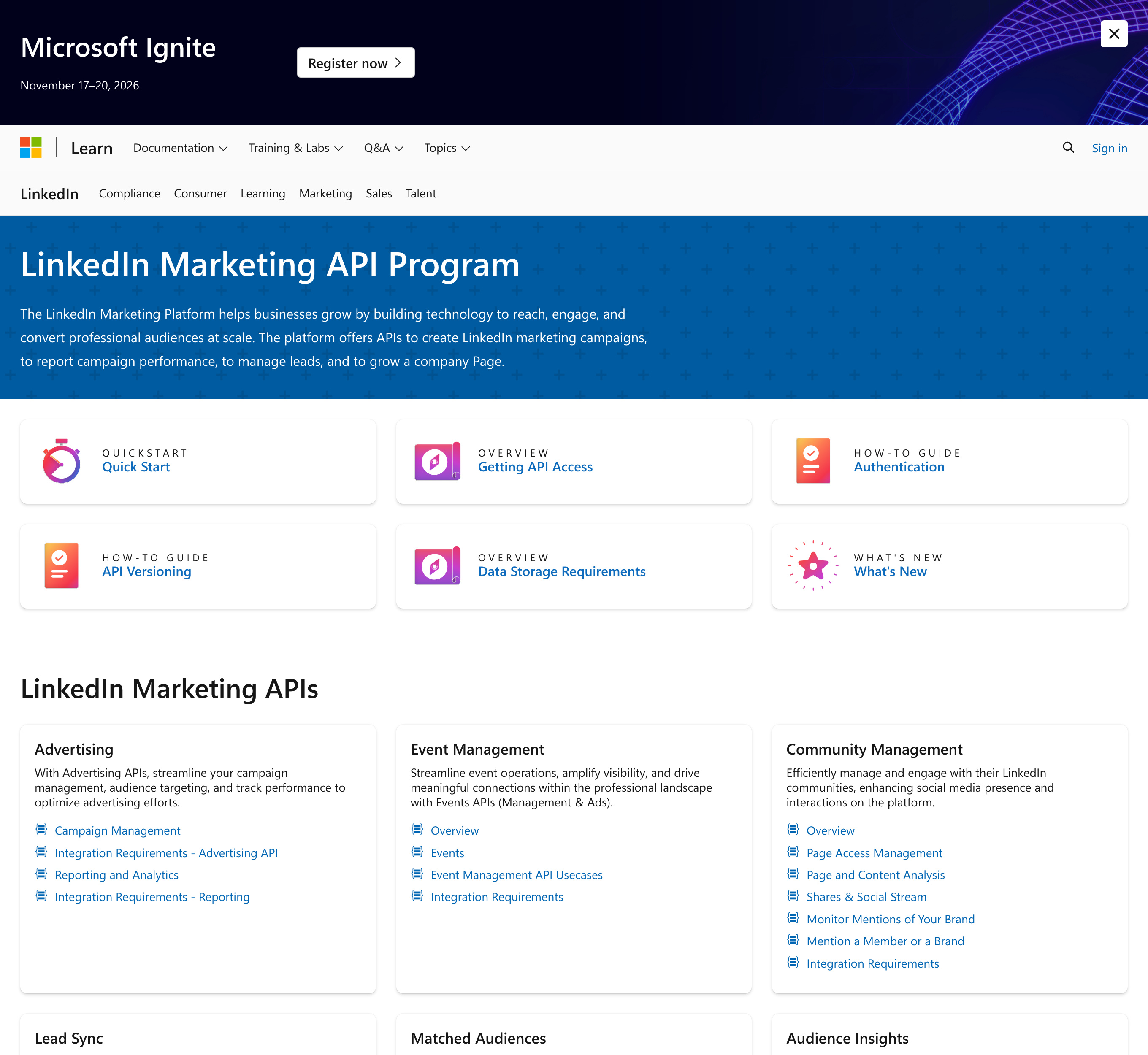 LinkedIn Marketing API Program documentation, showing the Getting API Access step and the Advertising API integration requirements.