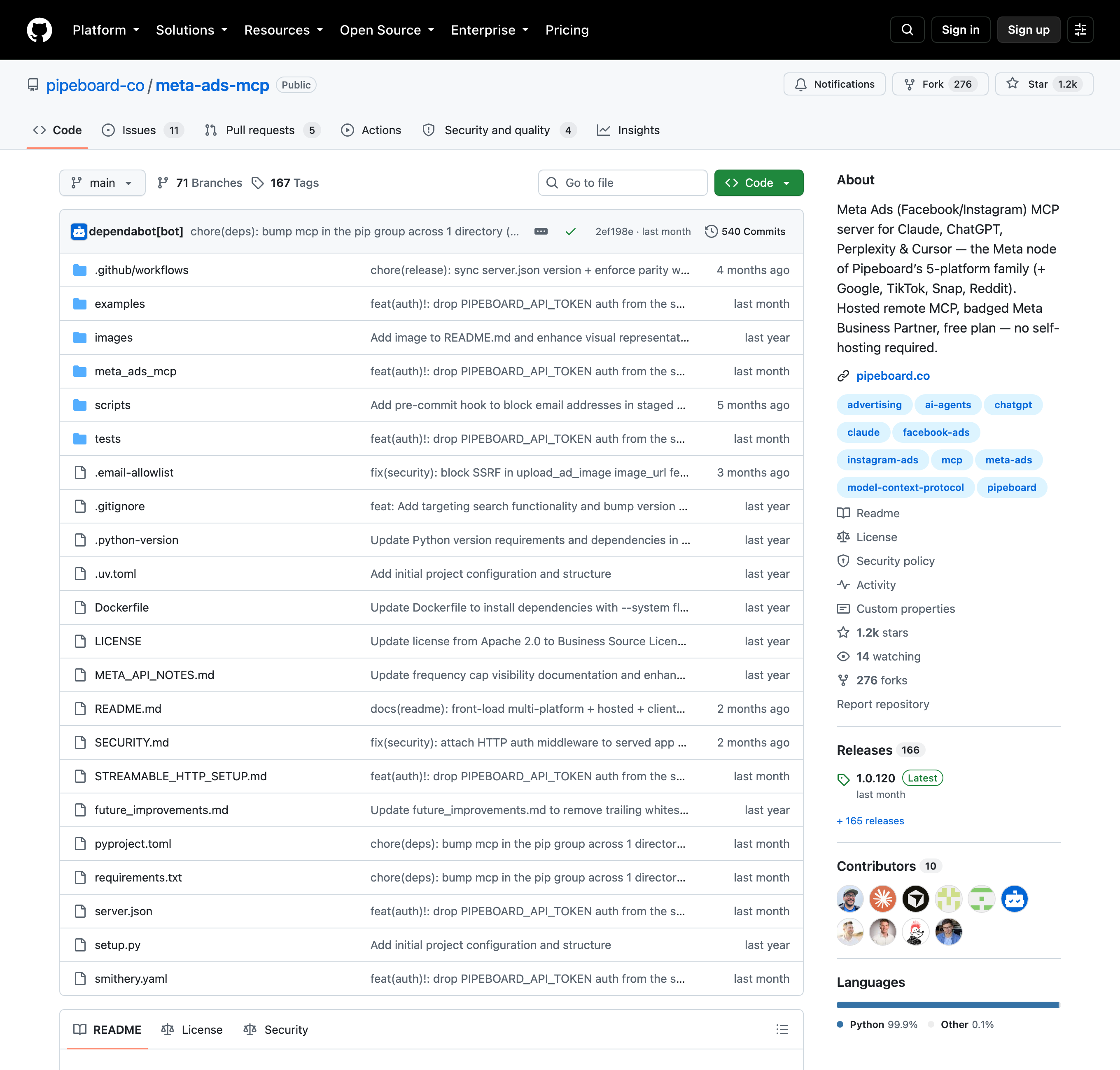 The pipeboard-co/meta-ads-mcp GitHub repository, showing over 1,200 stars, a Business Source License, and recent security-related commits.