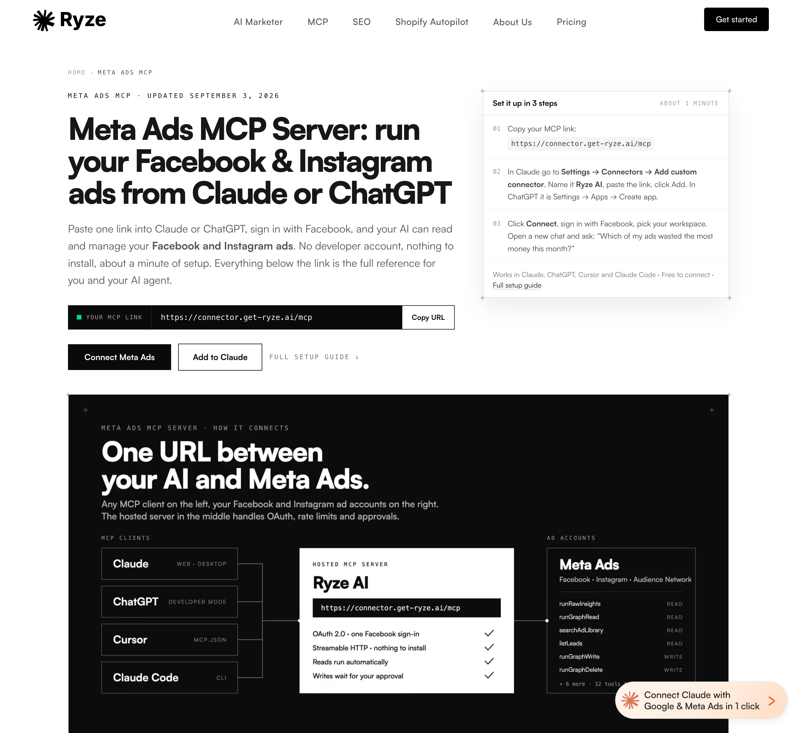 Ryze's Meta Ads MCP page, showing a hosted connector at connector.get-ryze.ai/mcp with OAuth sign-in and writes that wait for approval.