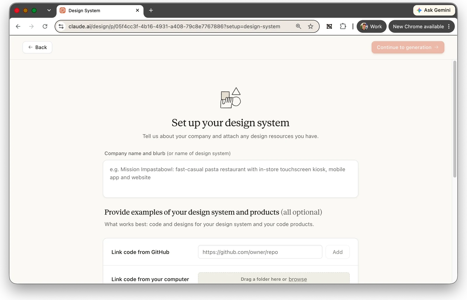 The Claude Design set-up screen: a field for company name and blurb, then optional inputs to link code from GitHub or a folder on your computer, with a Continue to generation button