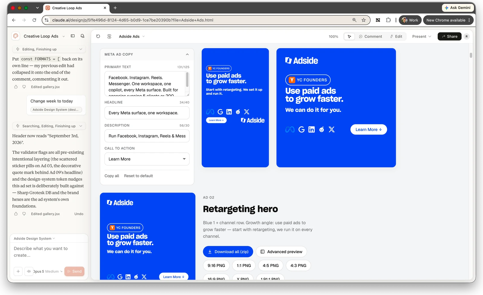 The Adside ad gallery in Claude Design: a Meta ad copy panel with primary text, headline, description and CTA fields showing character counters at 131/125, 34/40 and 56/30, next to blue ad artboards, and a concept card with Download all (zip), Advanced preview and per-format PNG buttons for 9:16, 1:1, 4:5, 4:3, 16:9, X and 1.91:1