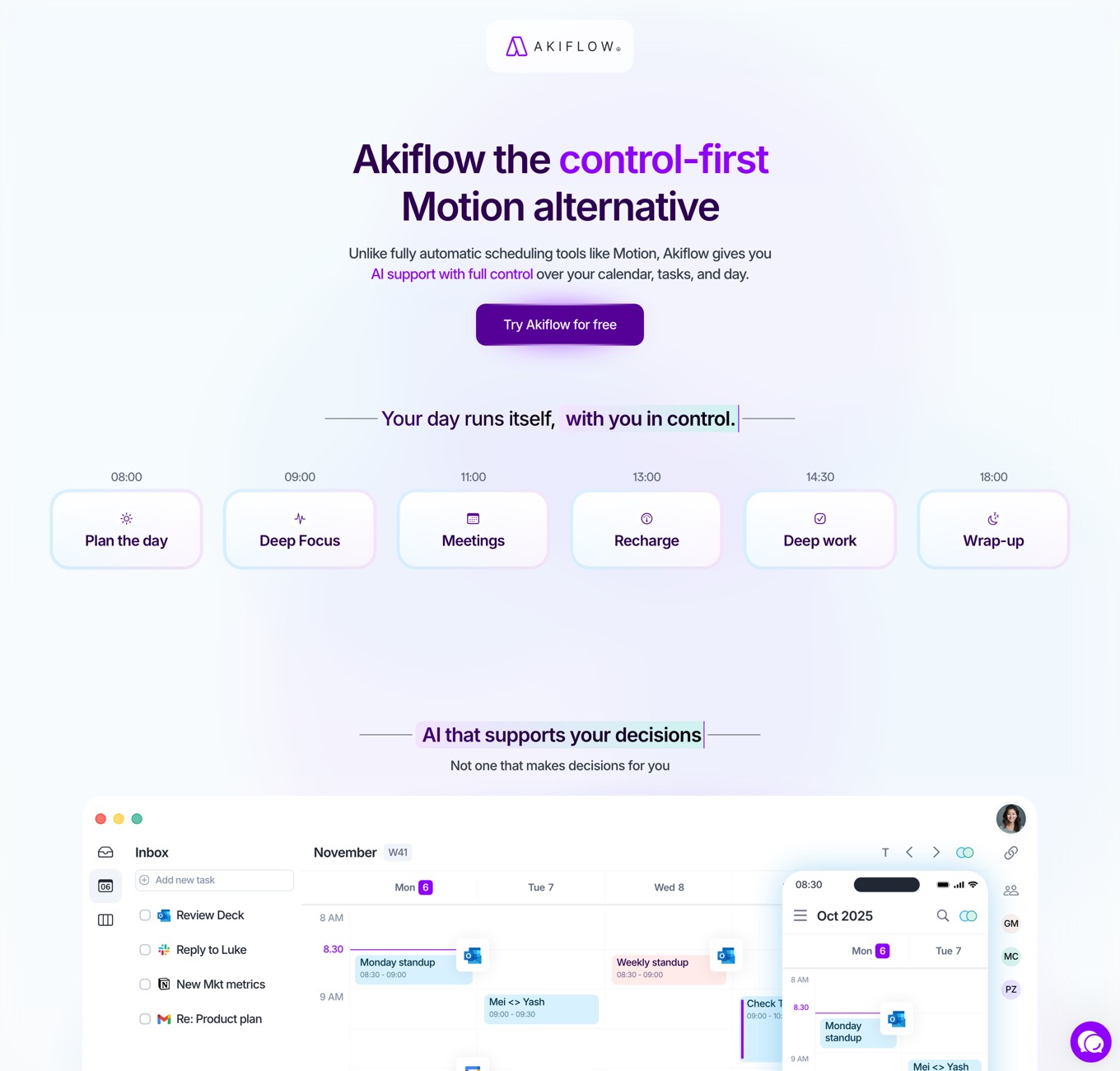 Akiflow's landing page with only a logo, headline Akiflow the control-first Motion alternative, and a Try Akiflow for free button