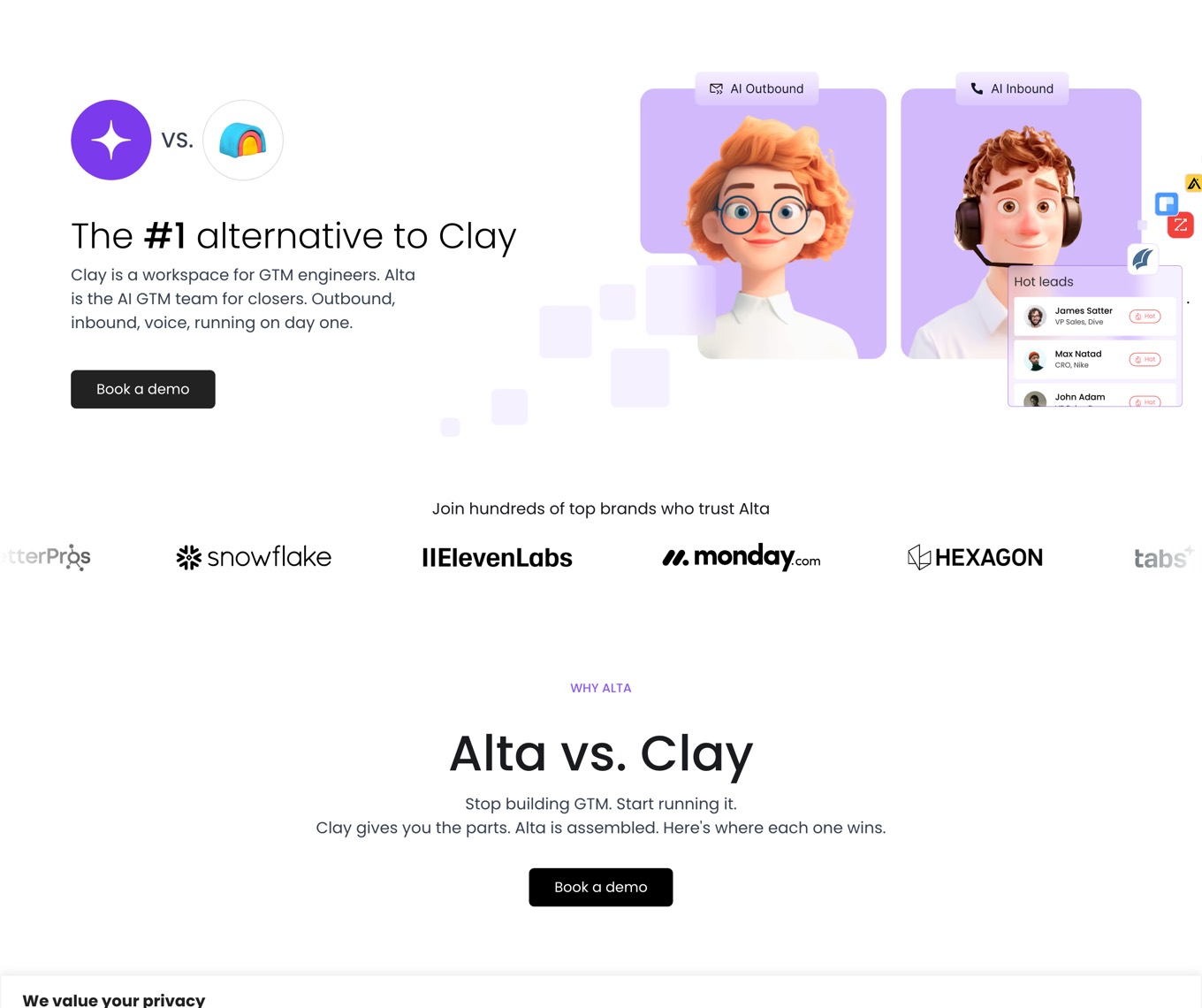 Alta's landing page: logo and a single Book a demo button, headline The #1 alternative to Clay, with Alta's and Clay's logos side by side