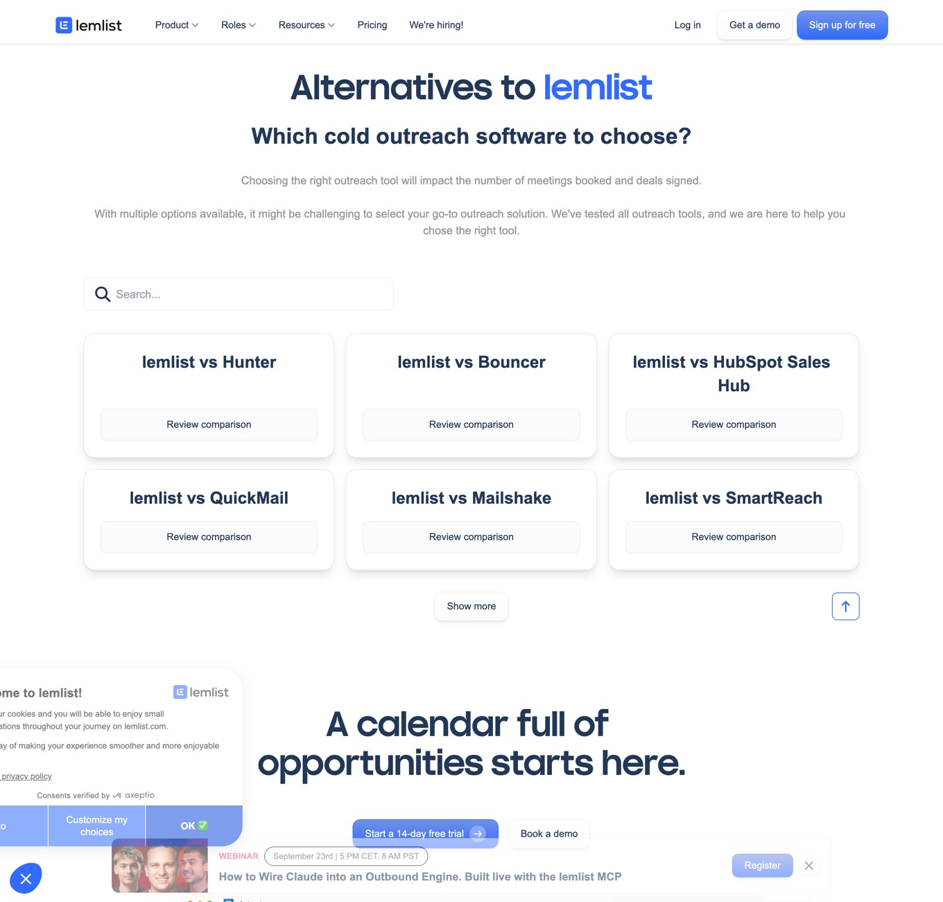 lemlist's Alternatives to lemlist hub page with the full site navigation, a search box, and cards for lemlist vs Hunter, Bouncer, HubSpot Sales Hub, QuickMail, Mailshake and SmartReach