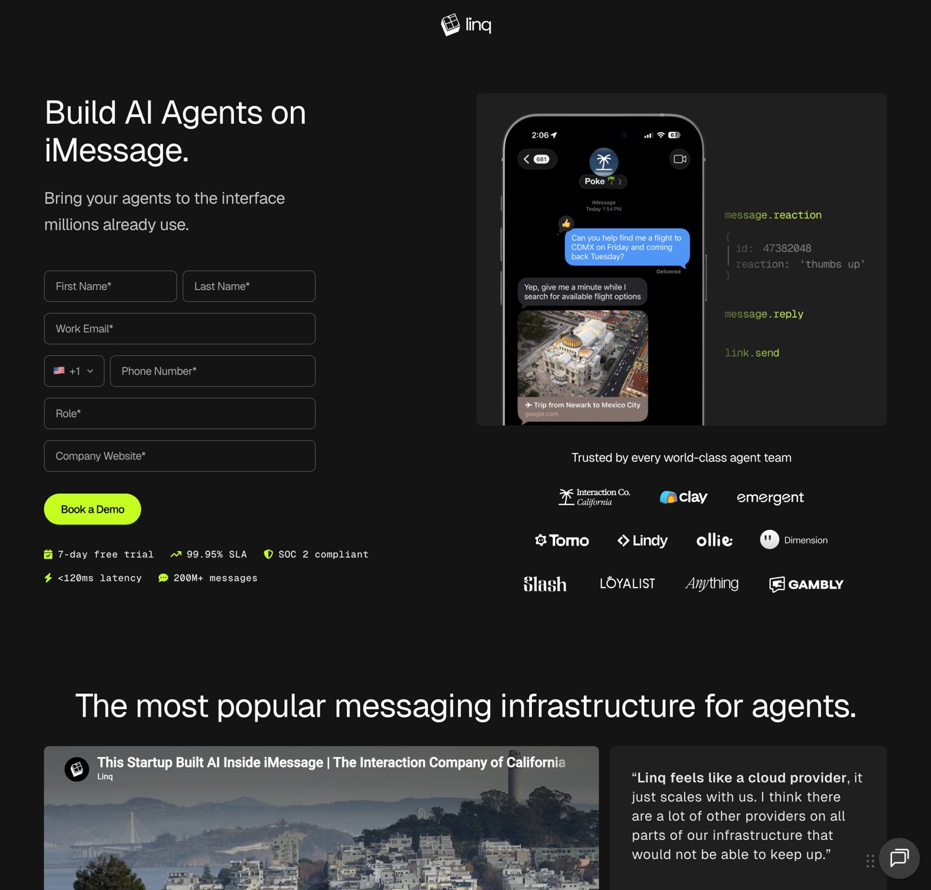 Linq's demo landing page: logo only, headline Build AI Agents on iMessage, a five-field form with a Book a Demo button, and a logo wall