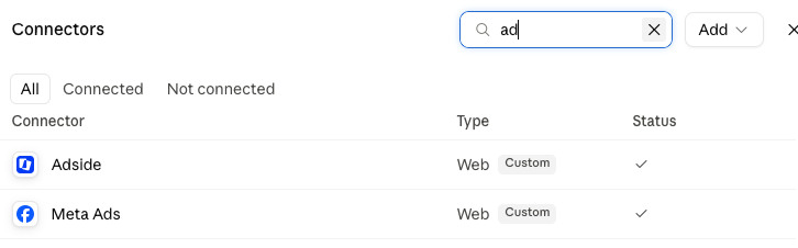Claude's Connectors list showing Adside and Meta Ads both added as Custom Web connectors with a connected checkmark.