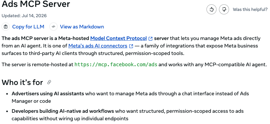 Meta's official Ads MCP Server documentation page: a Meta-hosted Model Context Protocol server that lets you manage Meta ads directly from an AI agent, remote-hosted at https://mcp.facebook.com/ads and working with any MCP-compatible AI agent.