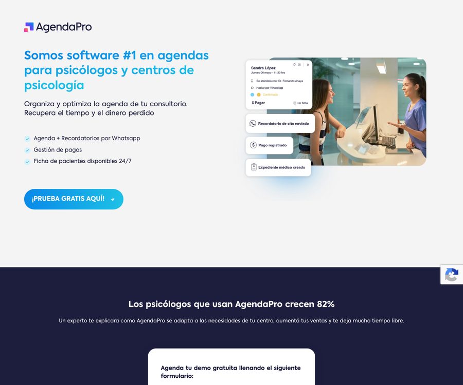 AgendaPro landing page in Spanish targeting psychology clinics, with a free trial call to action