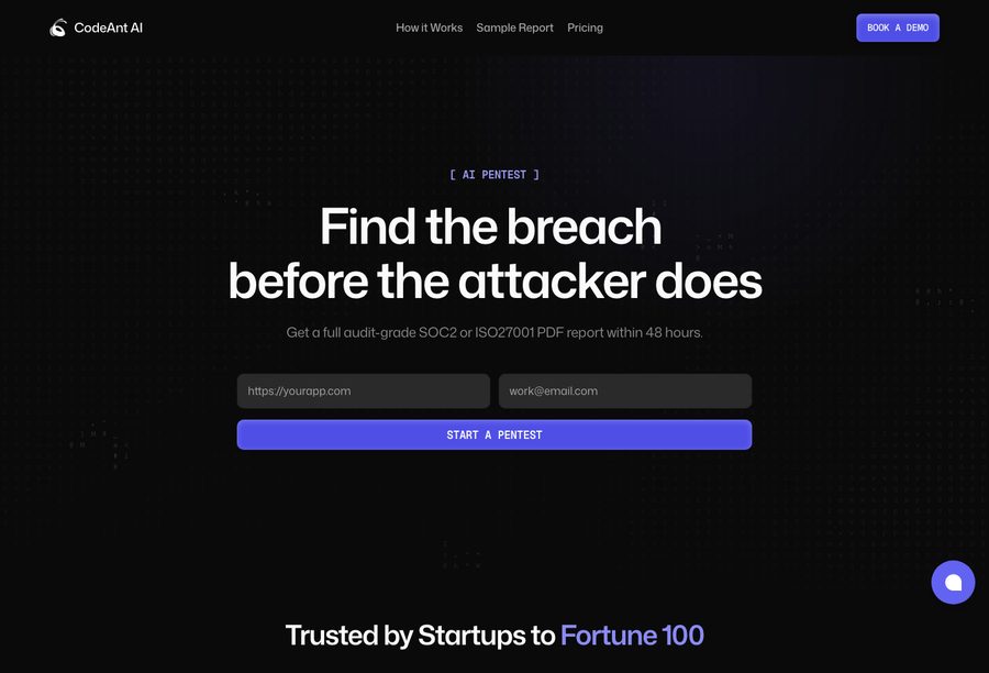 CodeAnt AI landing page, dark theme, headline Find the breach before the attacker does with a Start a Pentest button