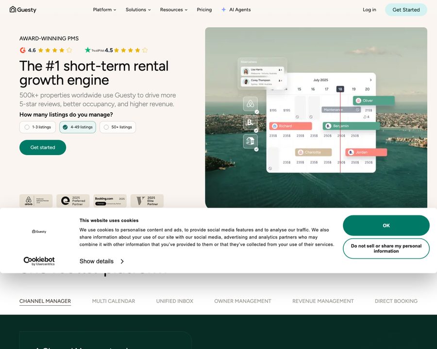 Guesty landing page with one headline and a Get started button