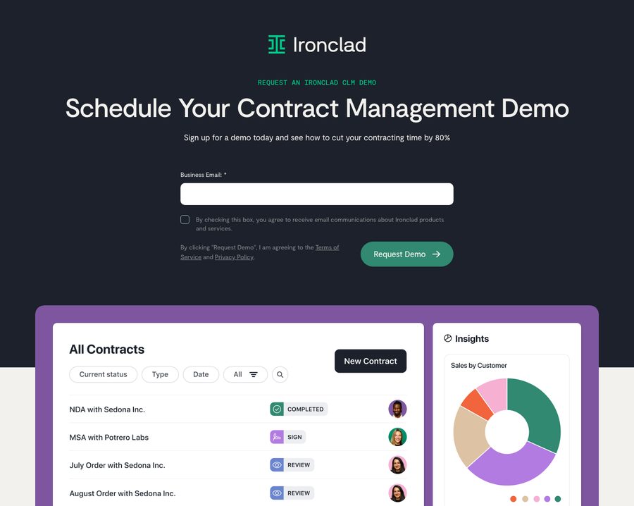 Ironclad's landing page: headline reads Schedule Your Contract Management Demo, with a single email field and a Request Demo button, no navigation