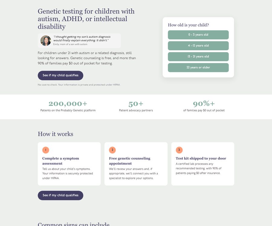 Probably Genetic landing page for genetic testing for children with autism, ADHD or intellectual disability, with a See if my child qualifies button