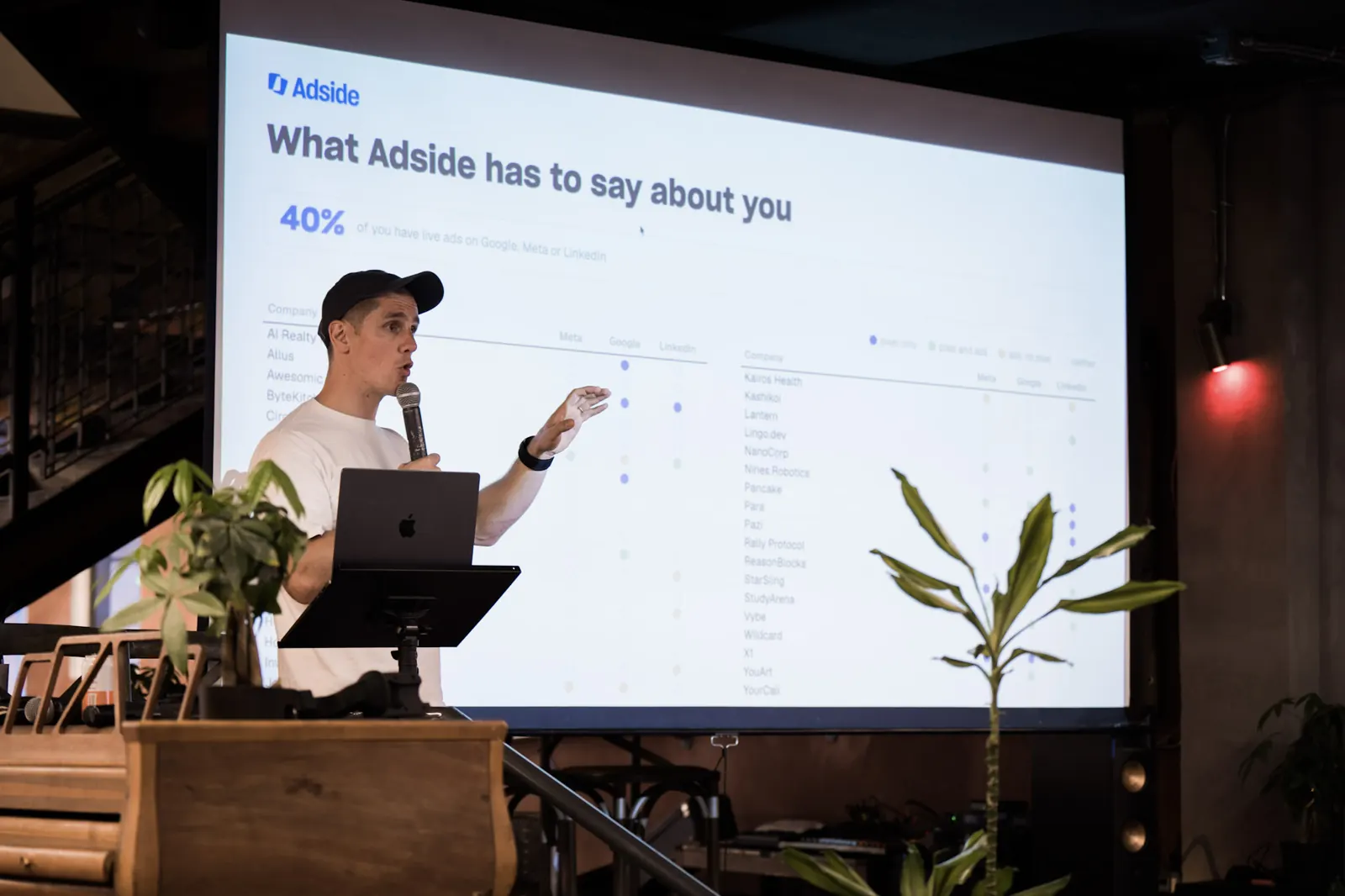 Robin Choy presenting the slide showing which companies on the guest list have live ads and tracking pixels on Meta, Google and LinkedIn