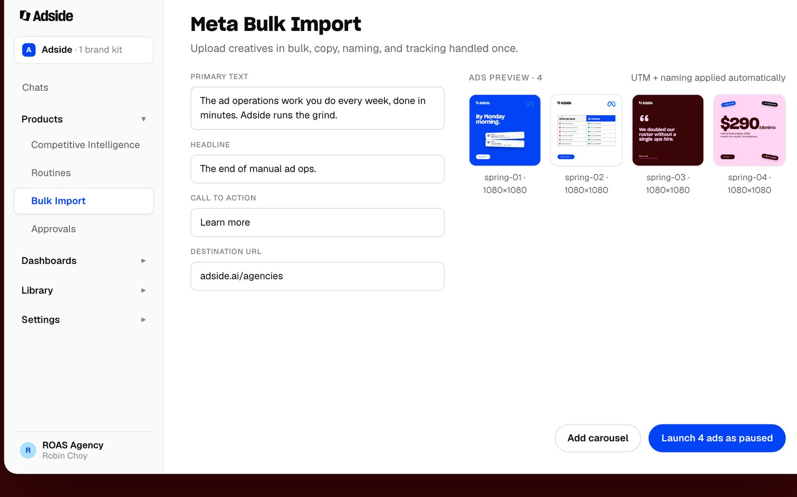 Adside bulk launch: hundreds of Meta creatives staged in one batch with naming and tracking applied